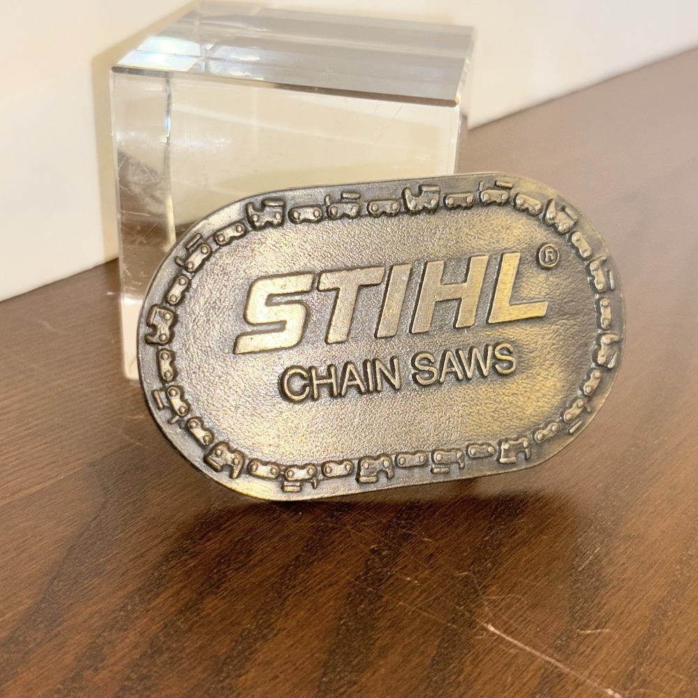 Vintage STIHL Chainsaw Belt Buckle Brass Heavy Equipment Logger